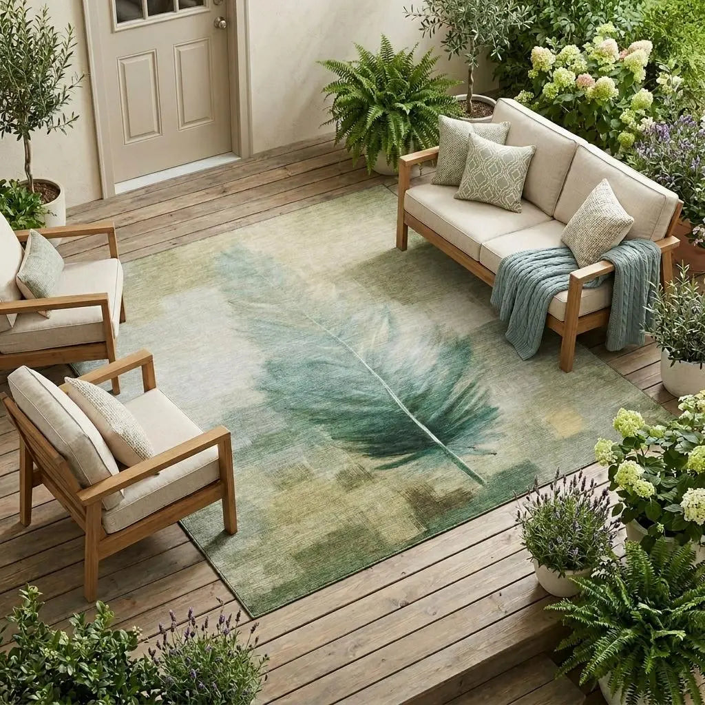 8' X 10' Green And Brown Botanical Leaves Washable Indoor Outdoor Area Rug Homeroots Outdoor