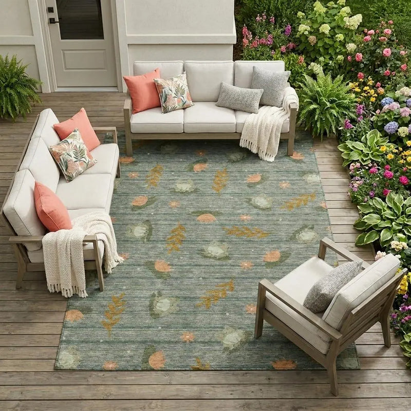 8' X 10' Green And Brown Botanical Leaves Washable Indoor Outdoor Area Rug Homeroots Outdoor