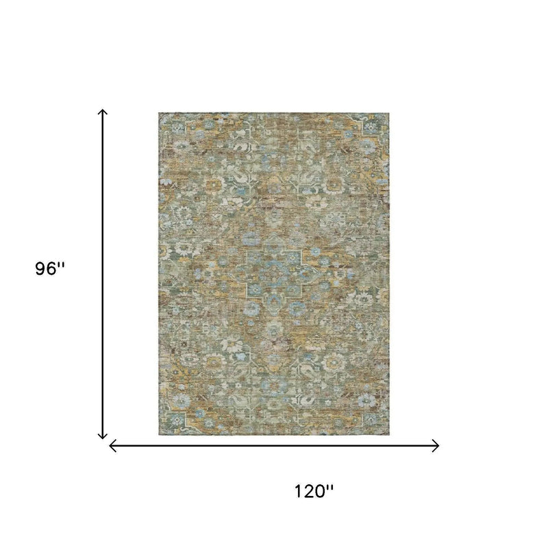 8' X 10' Green And Brown Floral Medallion Washable Indoor Outdoor Area Rug Homeroots Outdoor