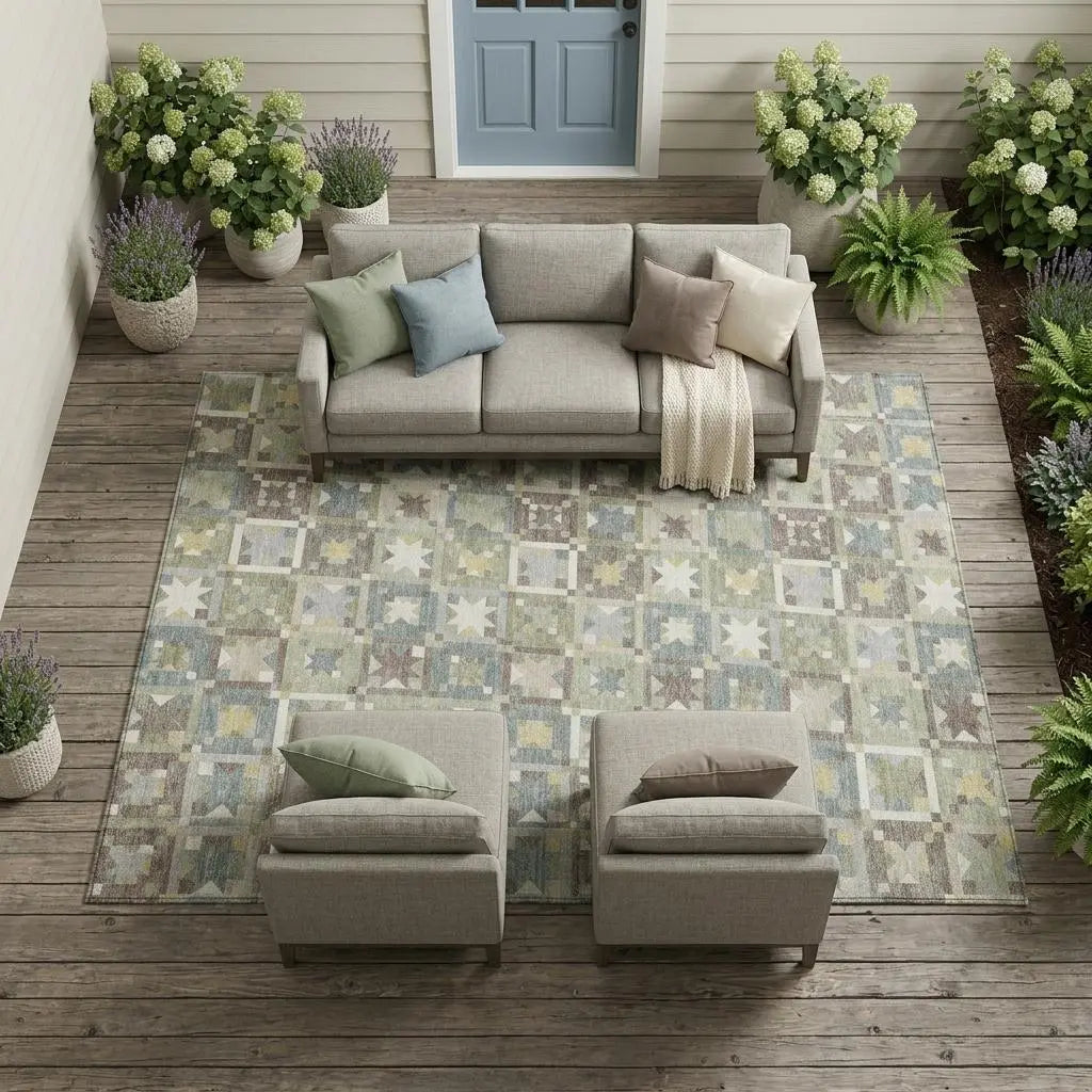 8' X 10' Green And Brown Patchwork Washable Indoor Outdoor Area Rug Homeroots Outdoor