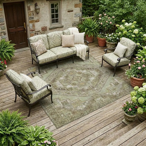 8' X 10' Green And Brown Southwestern Washable Indoor Outdoor Area Rug Homeroots Outdoor