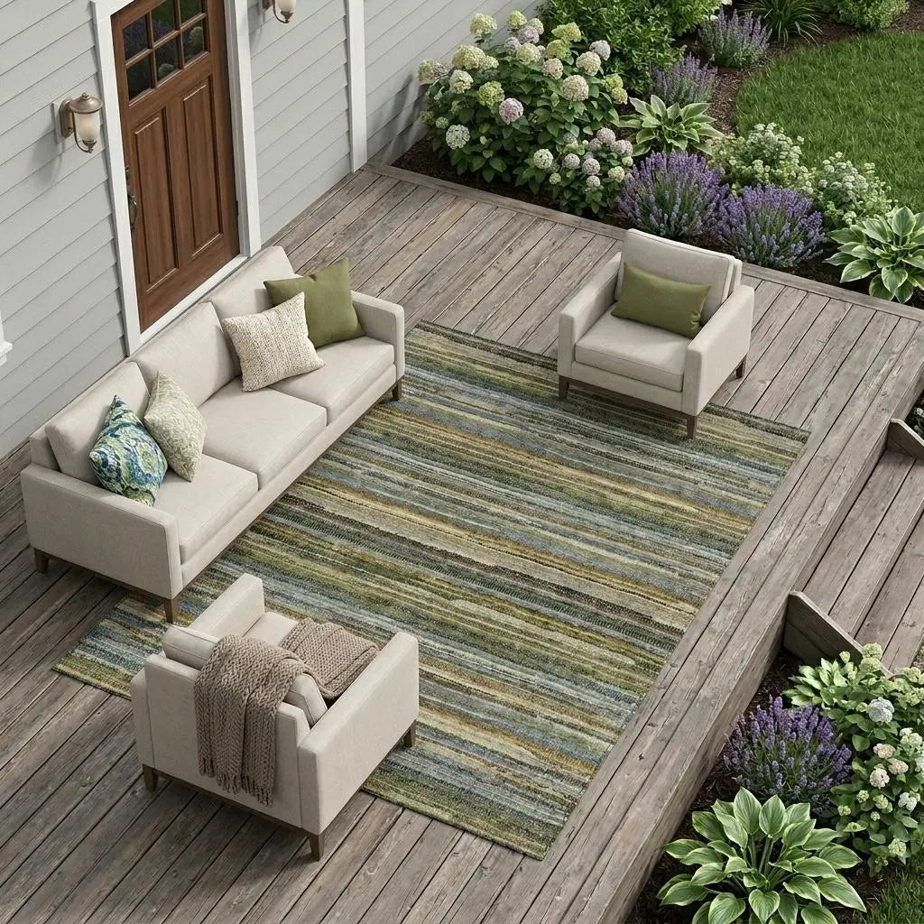 8' X 10' Green And Brown Striped Washable Indoor Outdoor Area Rug Homeroots Outdoor