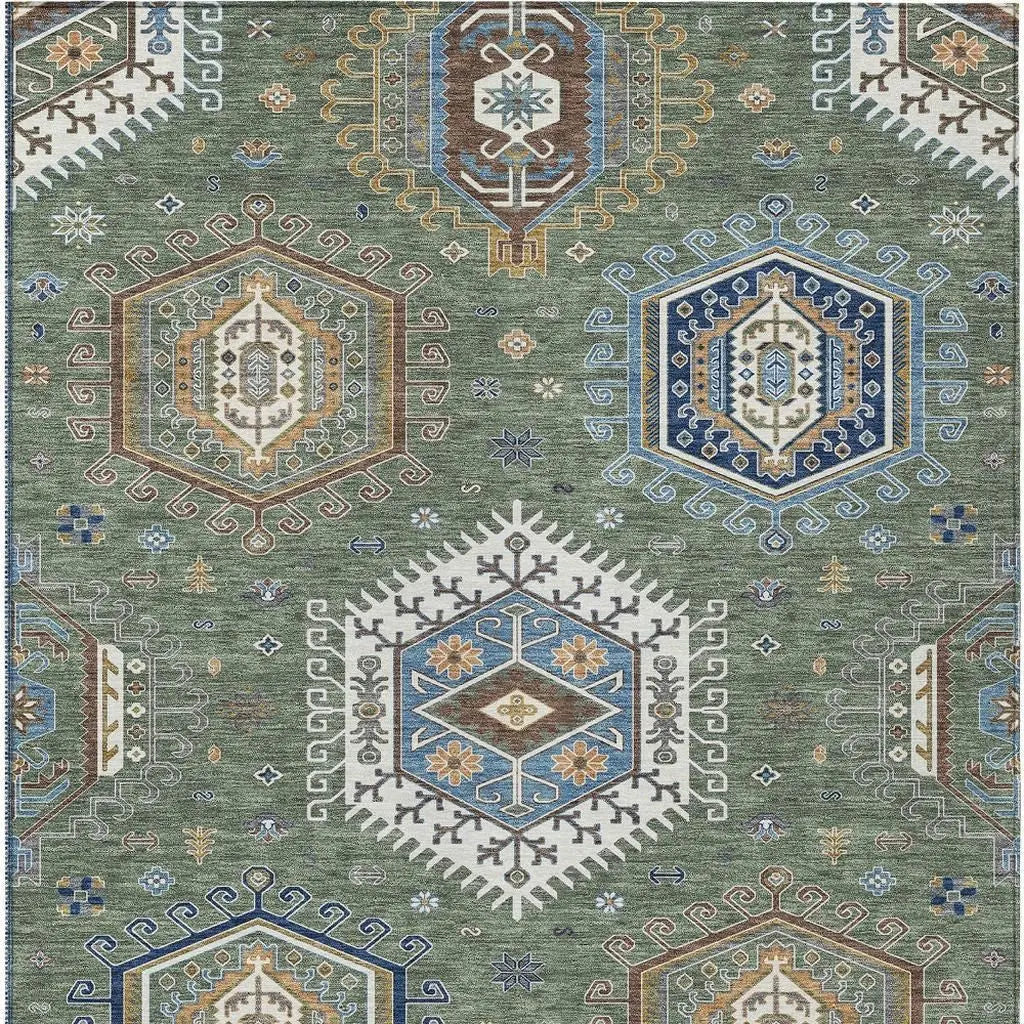 8' X 10' Green And Brown Tribal Washable Indoor Outdoor Area Rug Homeroots Outdoor