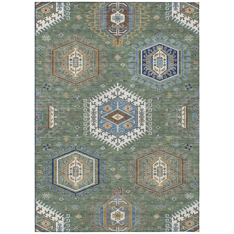 8' X 10' Green And Brown Tribal Washable Indoor Outdoor Area Rug Homeroots Outdoor