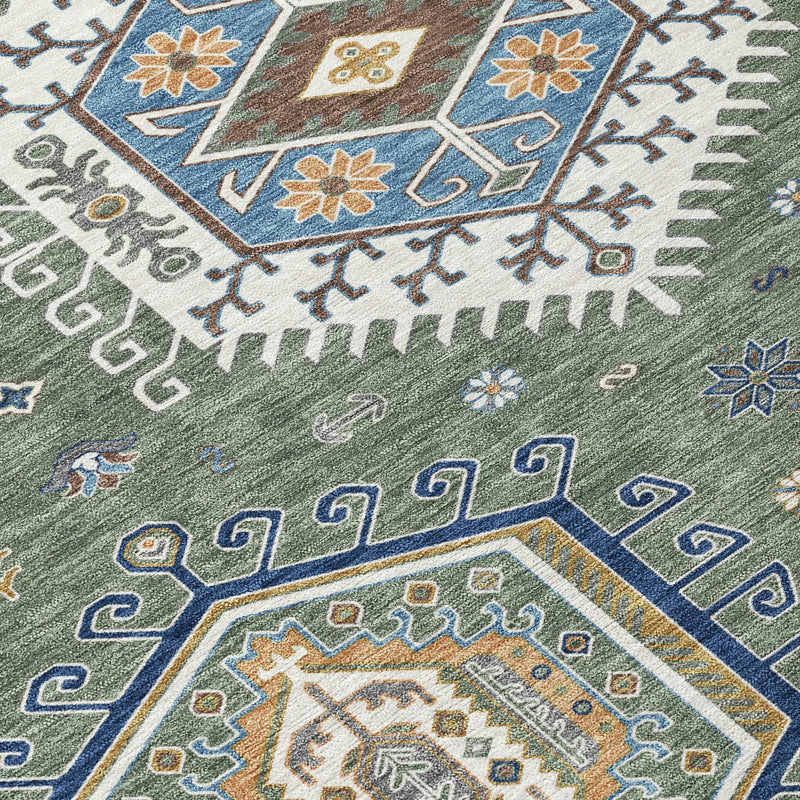 8' X 10' Green And Brown Tribal Washable Indoor Outdoor Area Rug Homeroots Outdoor
