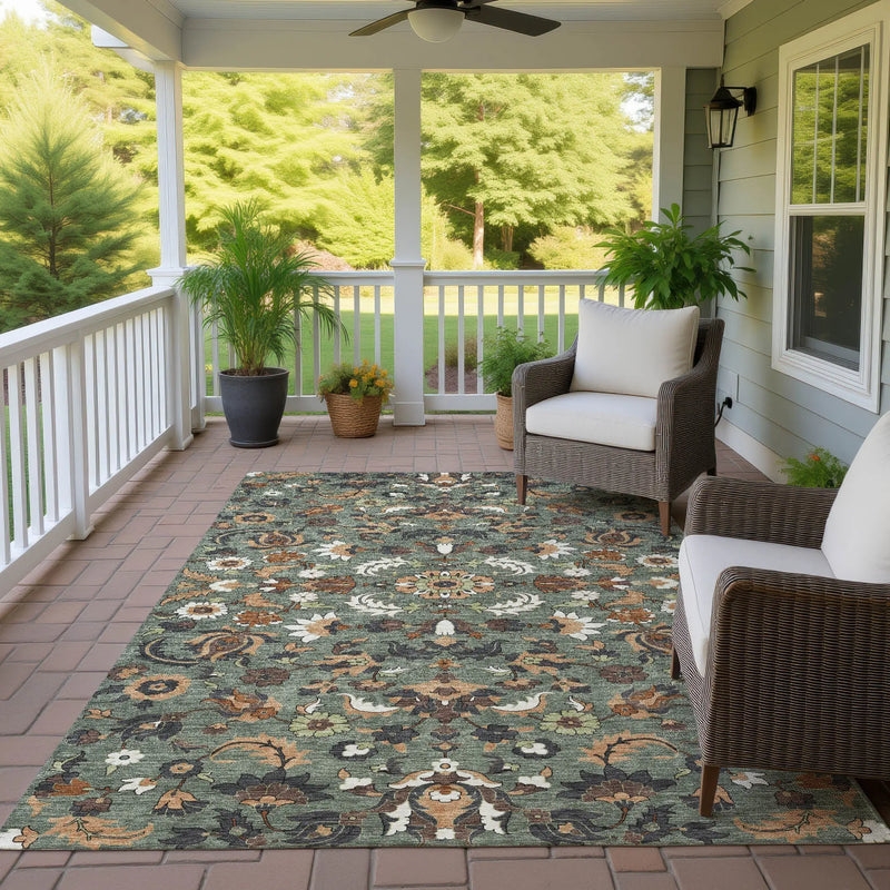 8' X 10' Green And Charcoal Floral Medallion Washable Indoor Outdoor Area Rug Homeroots Outdoor