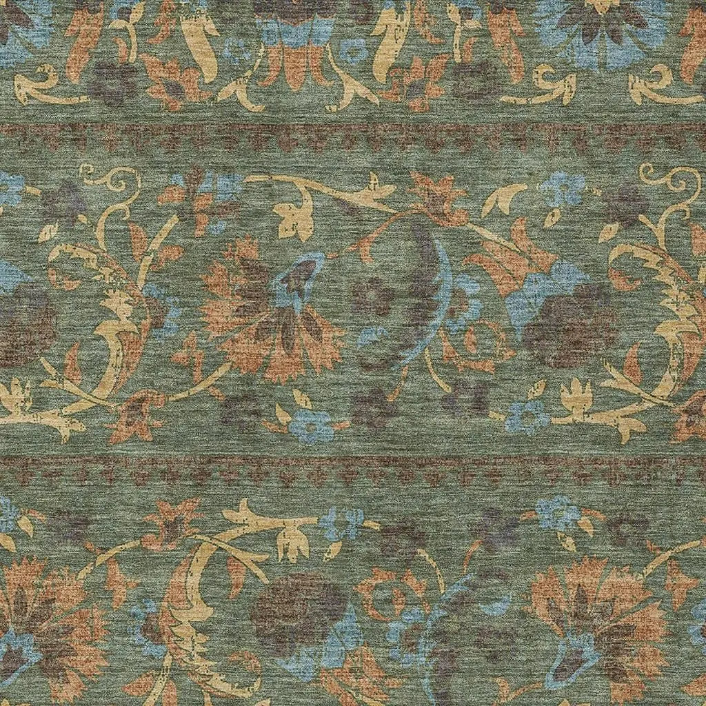 8' X 10' Green And Copper Floral Washable Indoor Outdoor Area Rug Homeroots Outdoor