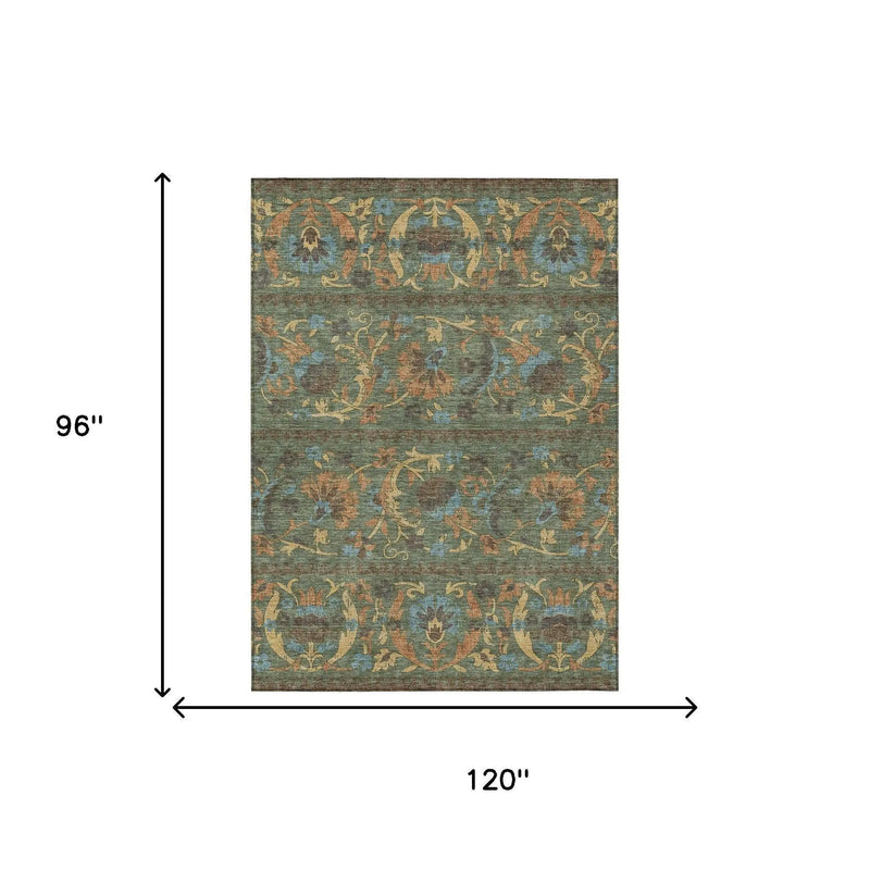 8' X 10' Green And Copper Floral Washable Indoor Outdoor Area Rug Homeroots Outdoor