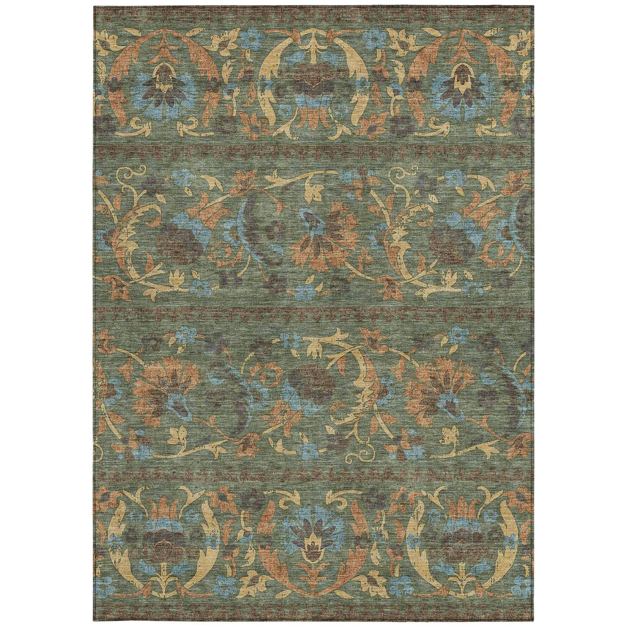 8' X 10' Green And Copper Floral Washable Indoor Outdoor Area Rug Homeroots Outdoor