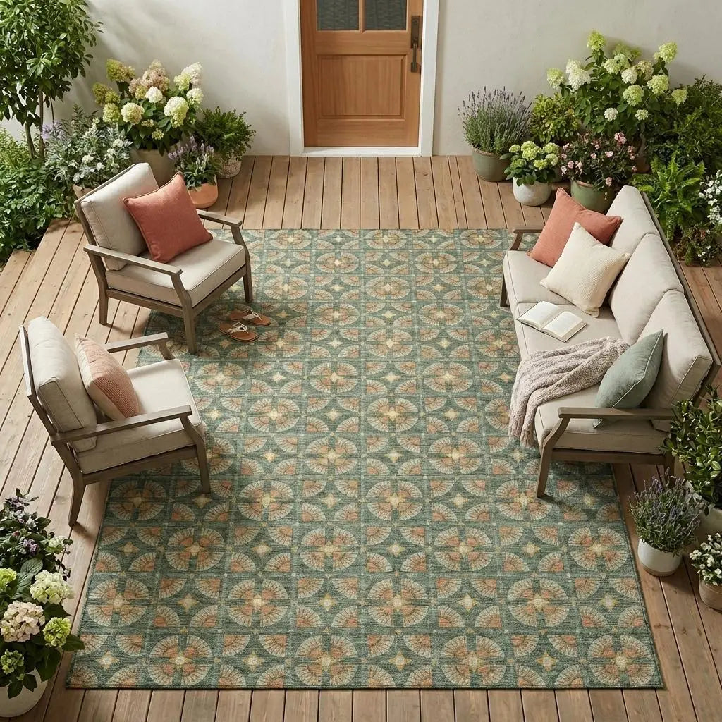 8' X 10' Green And Copper Geometric Washable Indoor Outdoor Area Rug Homeroots Outdoor