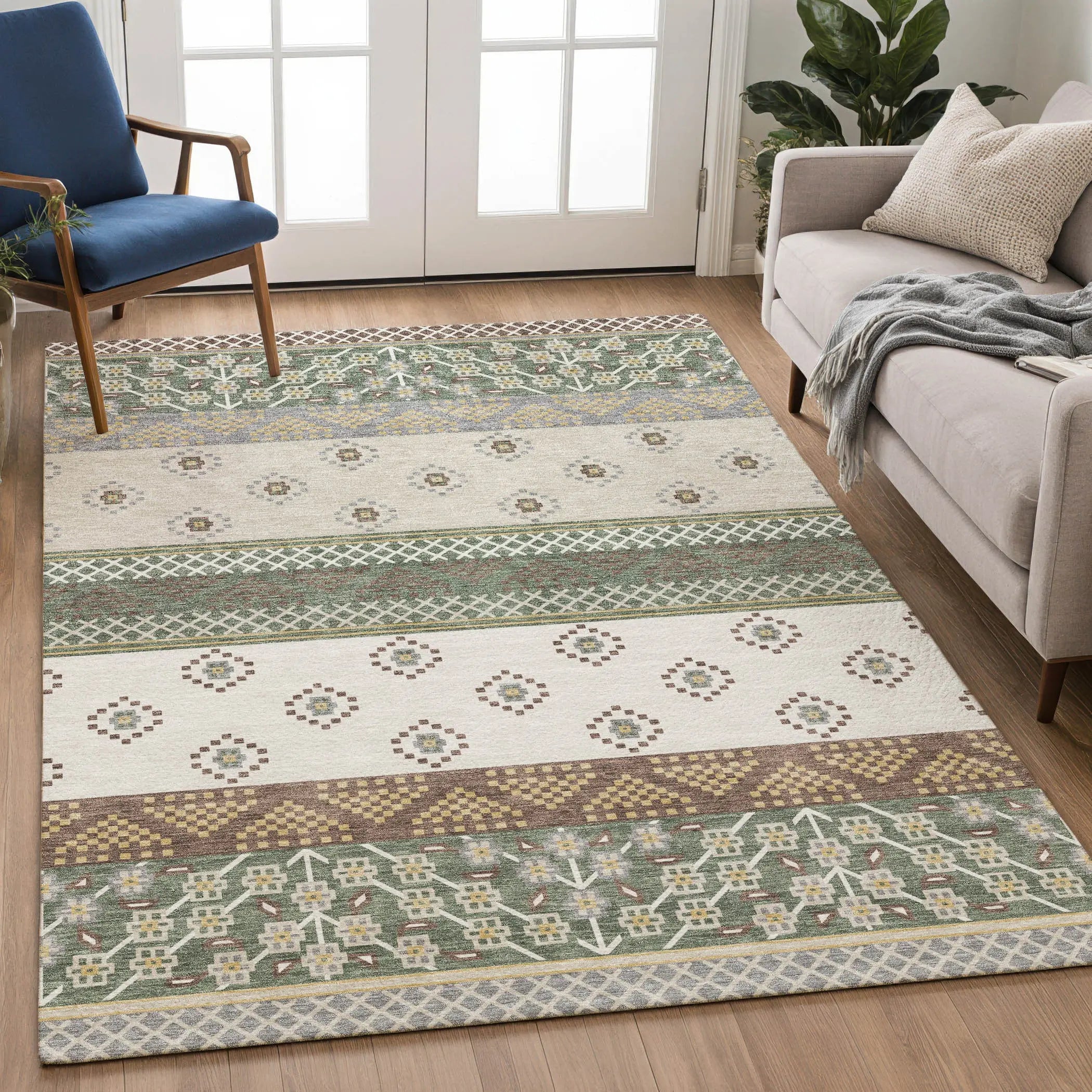 8' X 10' Green And Copper Striped Washable Indoor Outdoor Area Rug Homeroots Outdoor