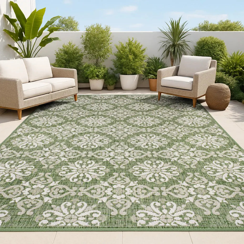 8' X 10' Green And Cream Floral Indoor Outdoor Area Rug Homeroots Outdoor