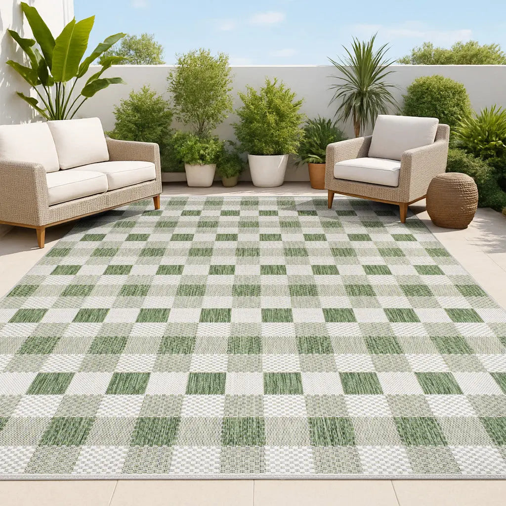 8' X 10' Green And Cream Geometric Indoor Outdoor Area Rug - GreatEagleInc