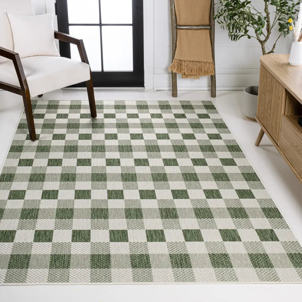8' X 10' Green And Cream Geometric Indoor Outdoor Area Rug - GreatEagleInc