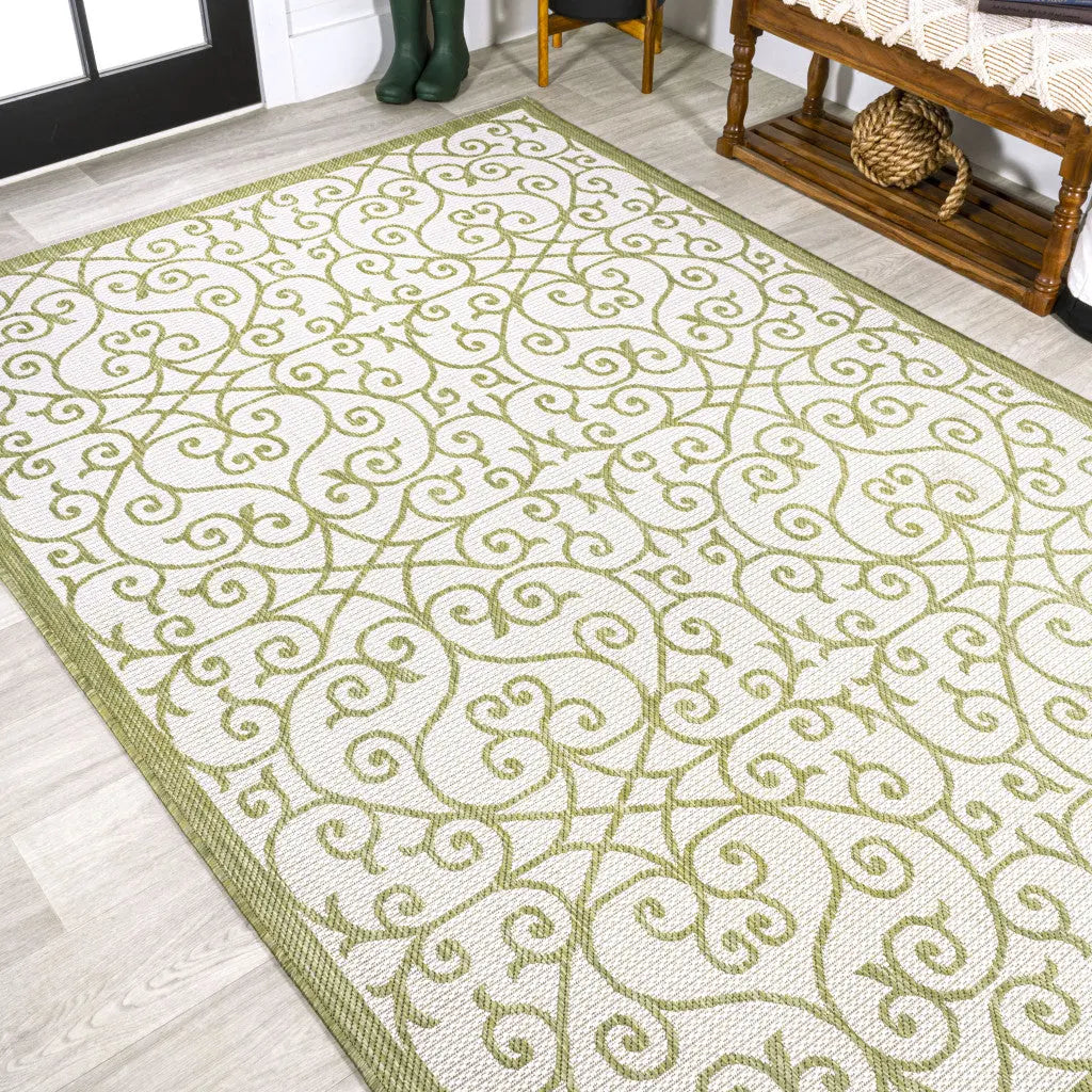 8' X 10' Green And Cream Geometric Indoor Outdoor Area Rug Homeroots Outdoor