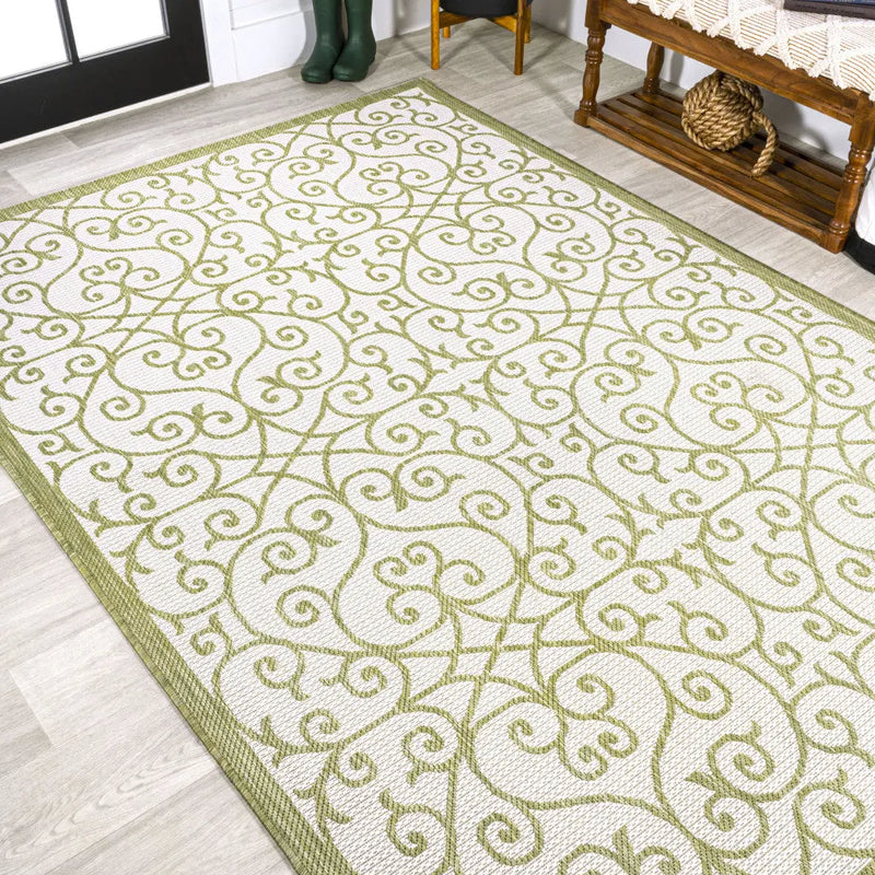 8' X 10' Green And Cream Geometric Indoor Outdoor Area Rug Homeroots Outdoor