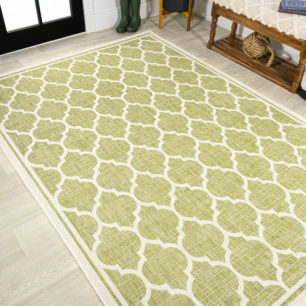 8' X 10' Green And Cream Geometric Indoor Outdoor Area Rug Homeroots Outdoor