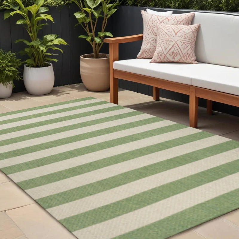 8' X 10' Green And Cream Striped Indoor Outdoor Area Rug Homeroots Outdoor