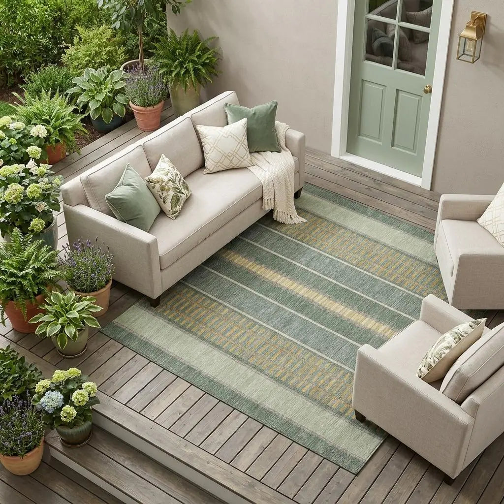 8' X 10' Green And Denim Blue Striped Washable Indoor Outdoor Area Rug Homeroots Outdoor