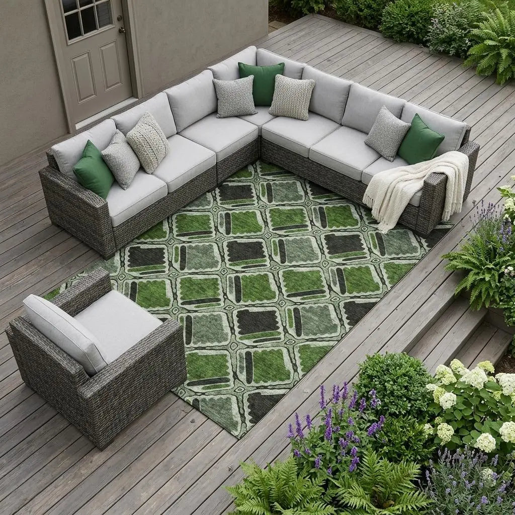 8' X 10' Green And Emerald Geometric Washable Indoor Outdoor Area Rug Homeroots Outdoor