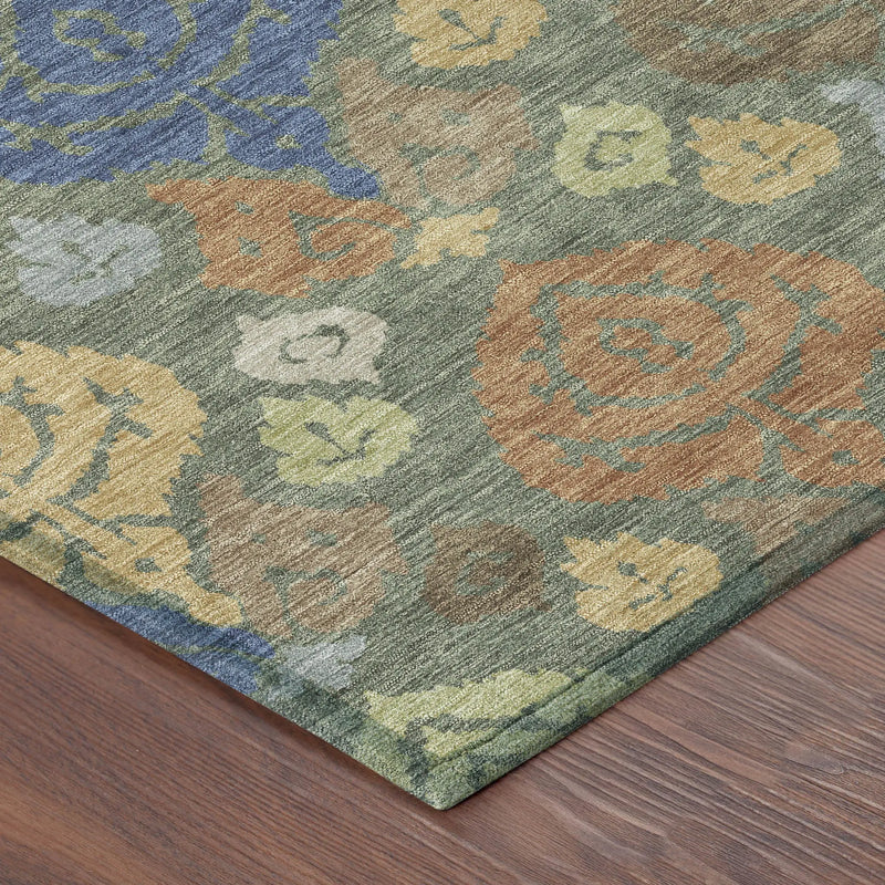 8' X 10' Green And Gold Damask Washable Indoor Outdoor Area Rug Homeroots Outdoor