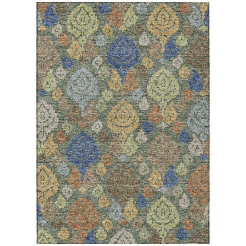 8' X 10' Green And Gold Damask Washable Indoor Outdoor Area Rug Homeroots Outdoor