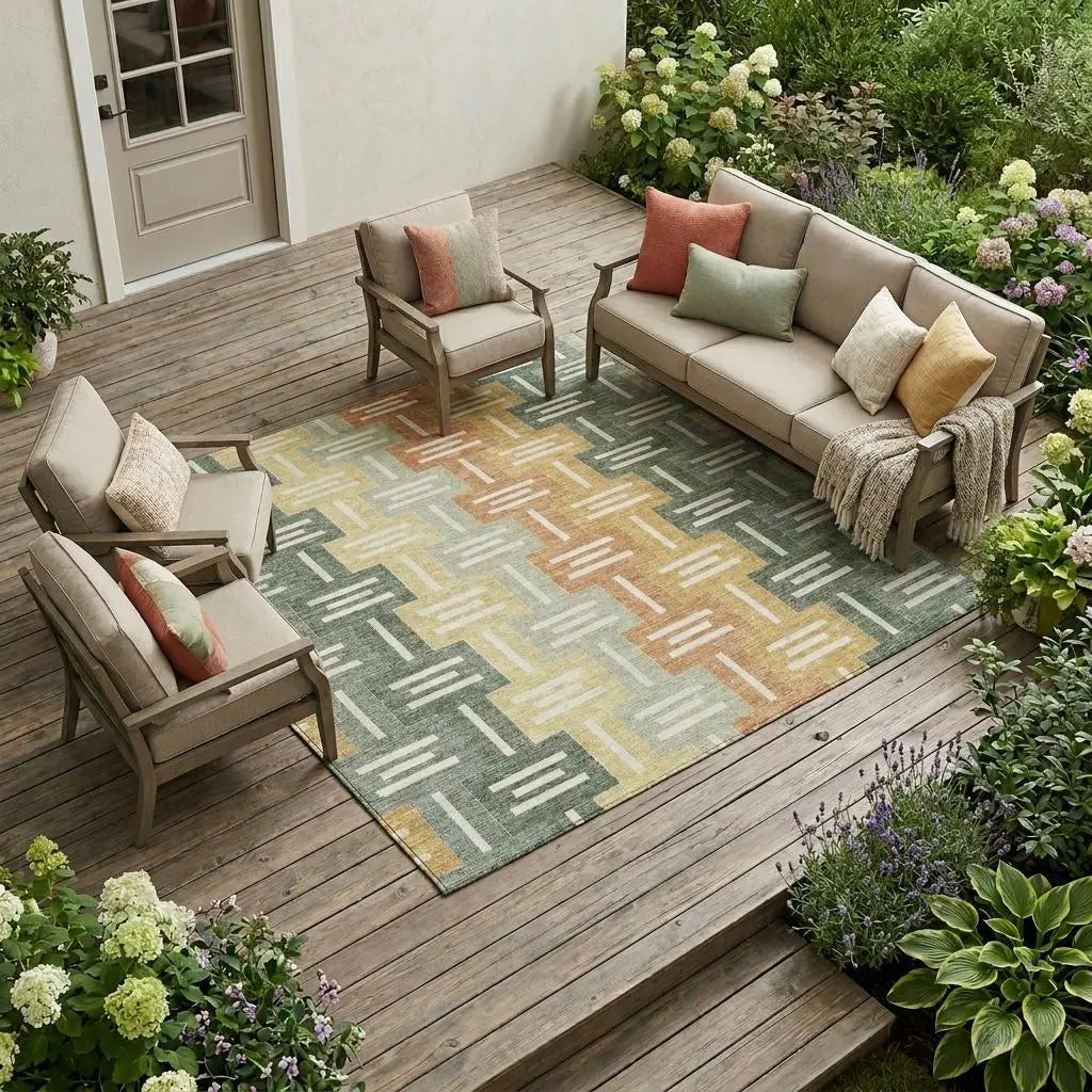 8' X 10' Green And Gold Geometric Washable Indoor Outdoor Area Rug Homeroots Outdoor