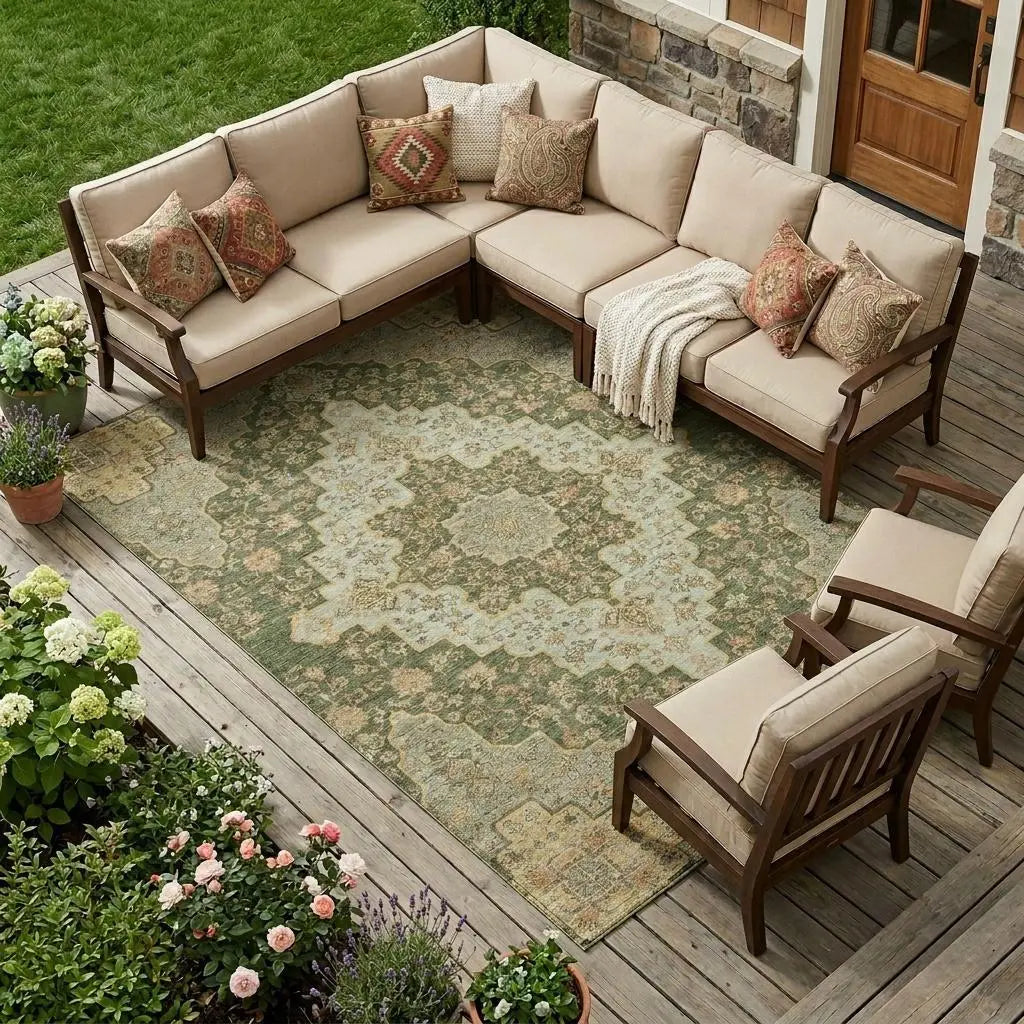 8' X 10' Green And Gold Medallion Washable Indoor Outdoor Area Rug Homeroots Outdoor