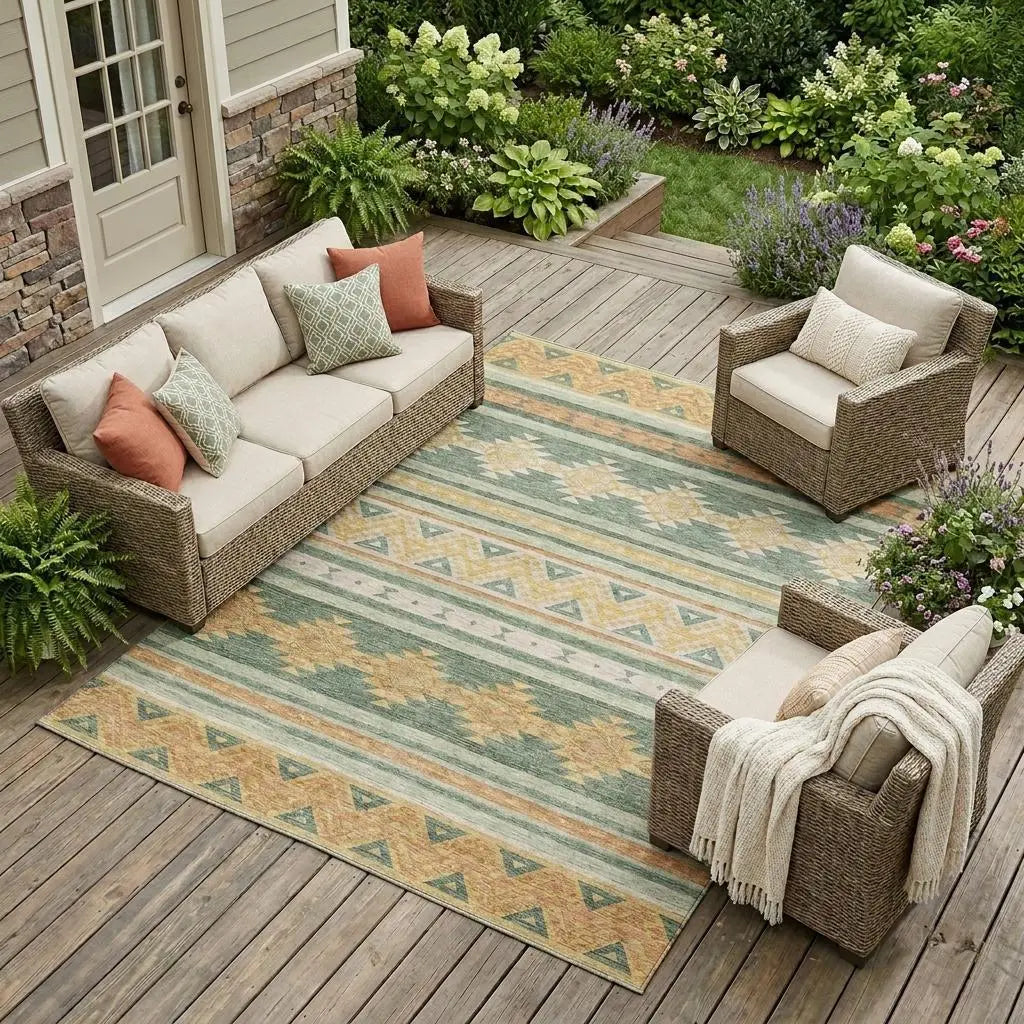 8' X 10' Green And Gold Southwestern Washable Indoor Outdoor Area Rug Homeroots Outdoor