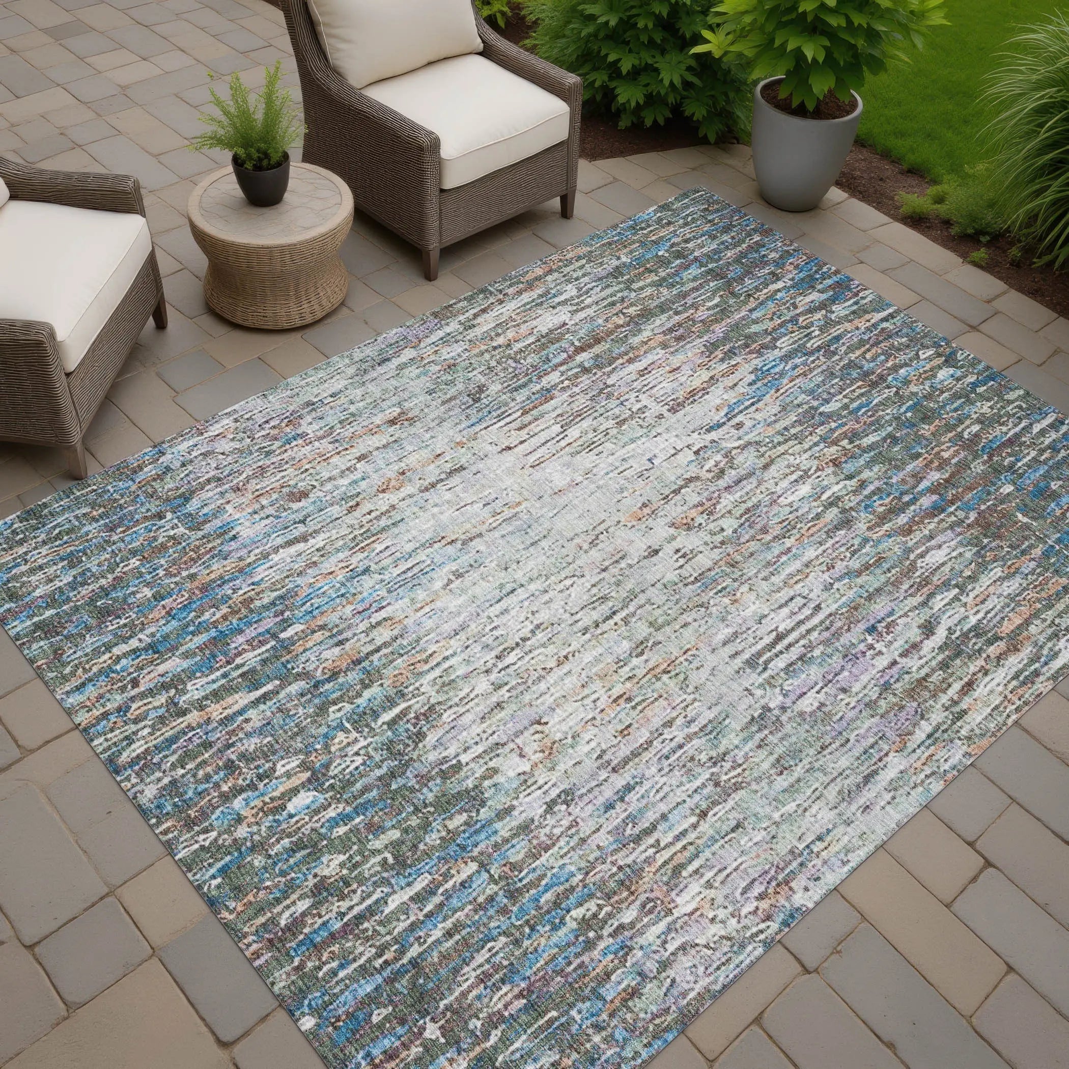 8' X 10' Green And Gray Striped Washable Indoor Outdoor Area Rug Homeroots Outdoor