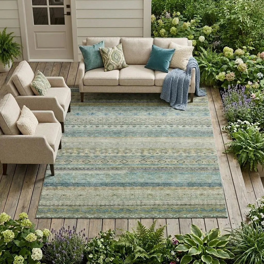 8' X 10' Green And Gray Striped Washable Indoor Outdoor Area Rug Homeroots Outdoor