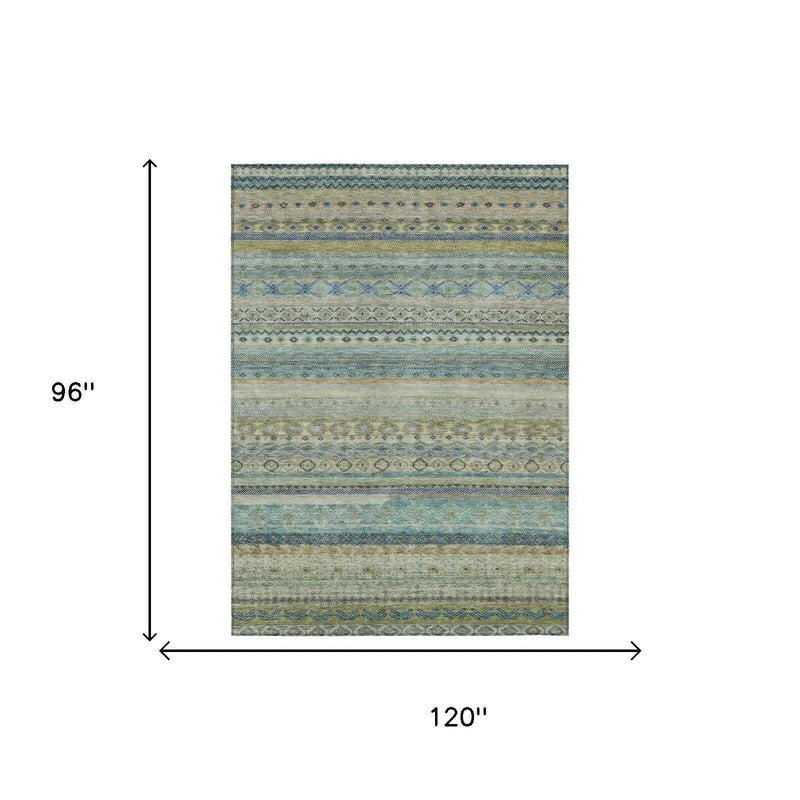 8' X 10' Green And Gray Striped Washable Indoor Outdoor Area Rug Homeroots Outdoor