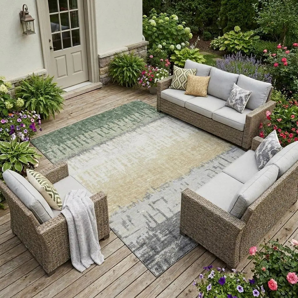 8' X 10' Green And Gray Striped Washable Indoor Outdoor Area Rug Homeroots Outdoor