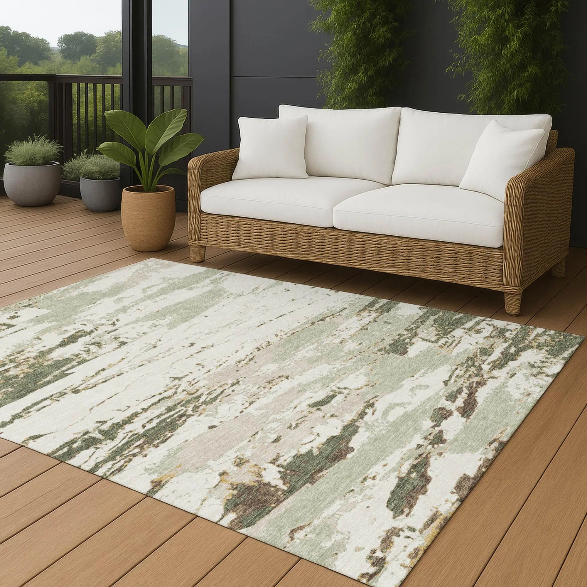 8' X 10' Green And Ivory Abstract Washable Indoor Outdoor Area Rug Homeroots Outdoor