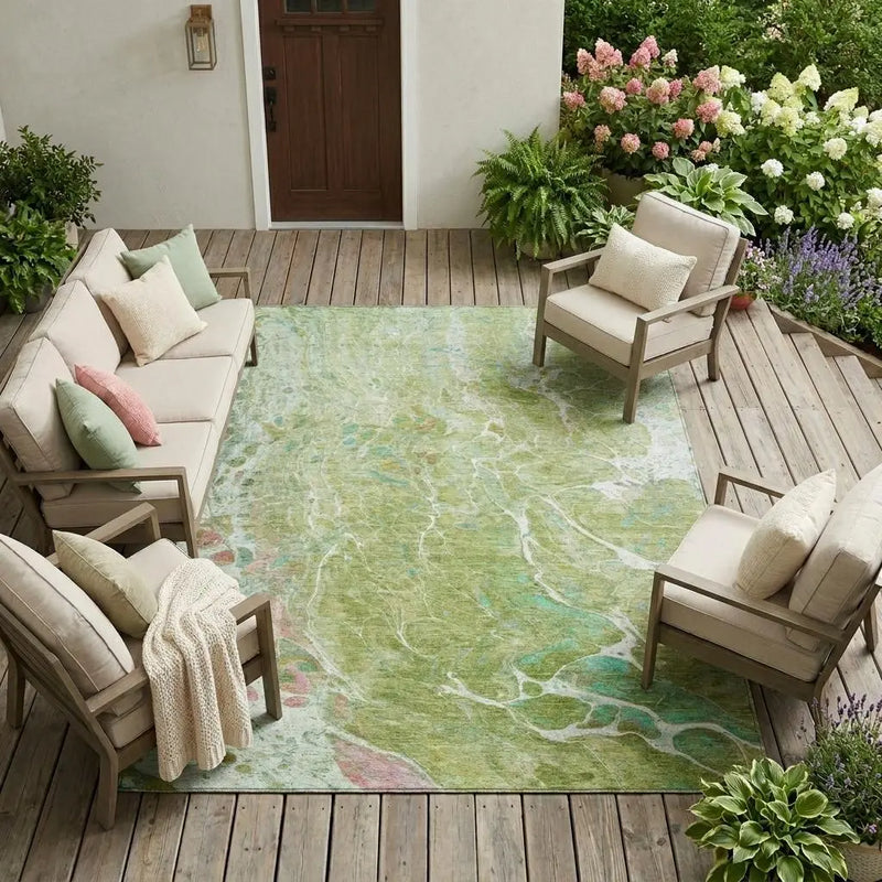 8' X 10' Green And Ivory Abstract Washable Indoor Outdoor Area Rug Homeroots Outdoor