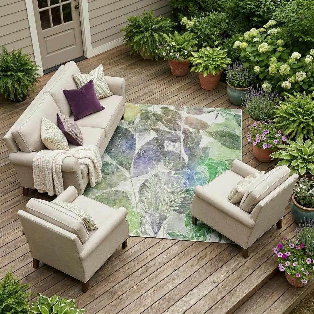 8' X 10' Green And Ivory Botanical Leaves Washable Indoor Outdoor Area Rug Homeroots Outdoor