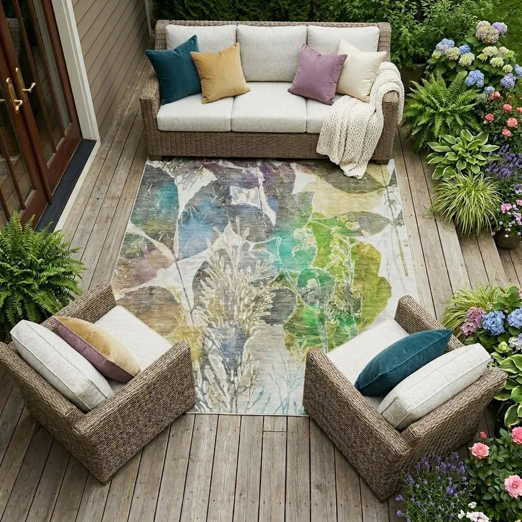8' X 10' Green And Ivory Botanical Leaves Washable Indoor Outdoor Area Rug Homeroots Outdoor
