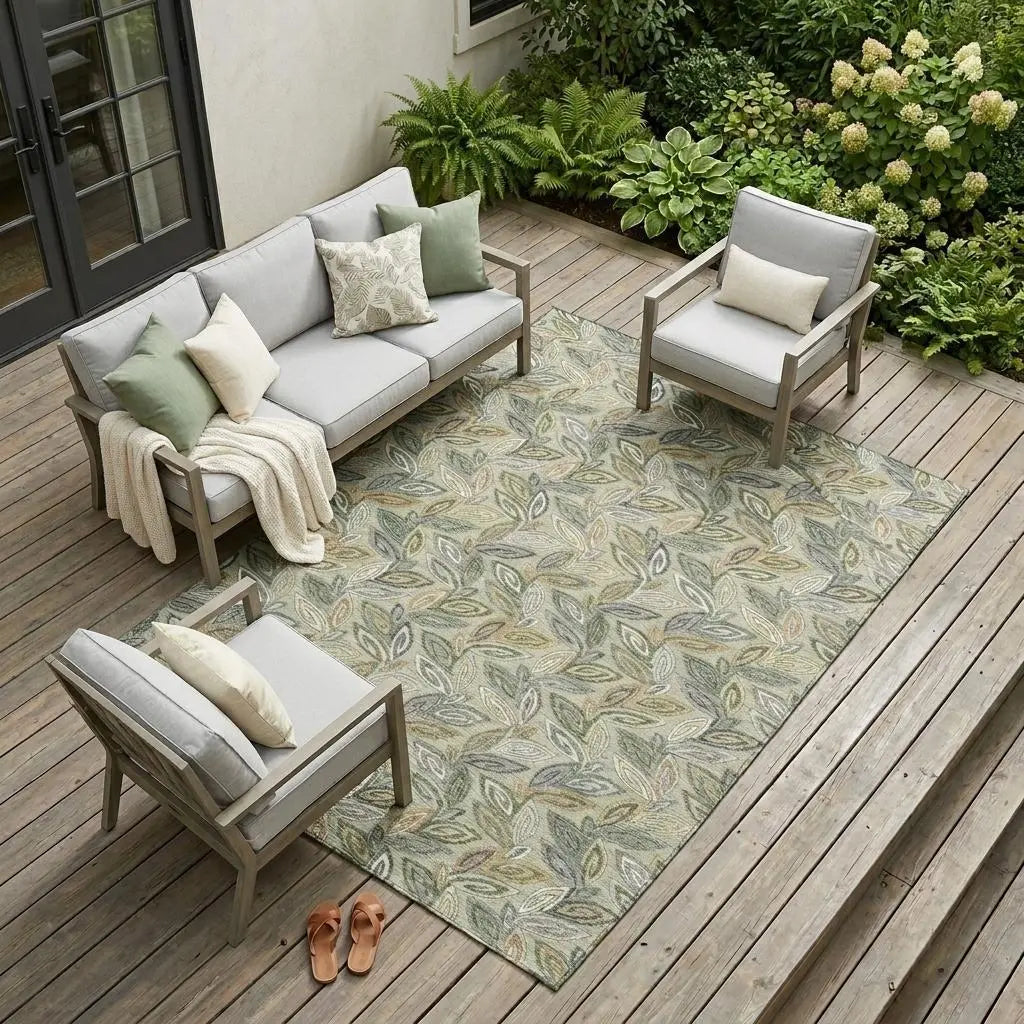 8' X 10' Green And Ivory Botanical Leaves Washable Indoor Outdoor Area Rug Homeroots Outdoor