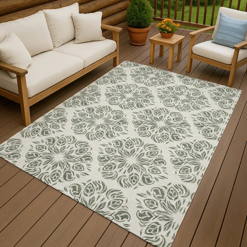 8' X 10' Green And Ivory Damask Washable Indoor Outdoor Area Rug Homeroots Outdoor
