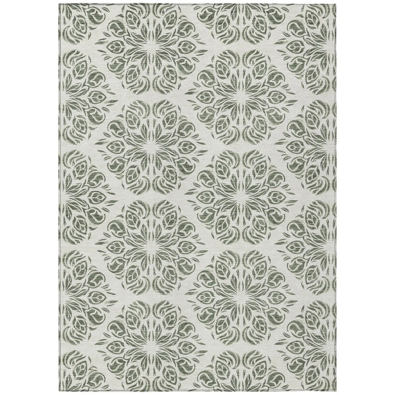 8' X 10' Green And Ivory Damask Washable Indoor Outdoor Area Rug Homeroots Outdoor