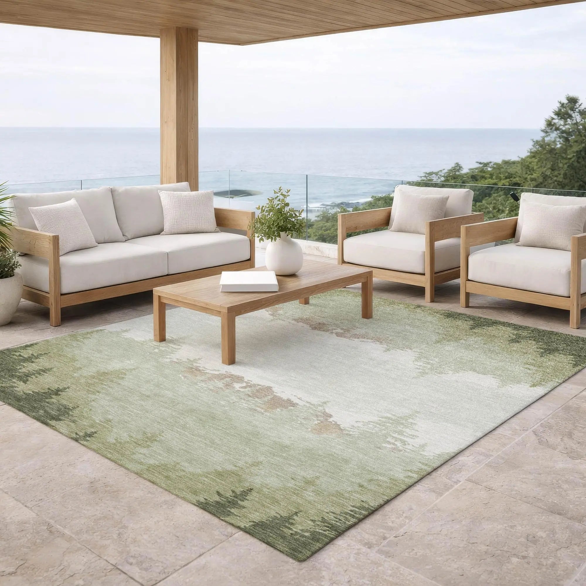 8' X 10' Green And Ivory Floral Washable Indoor Outdoor Area Rug Homeroots Outdoor