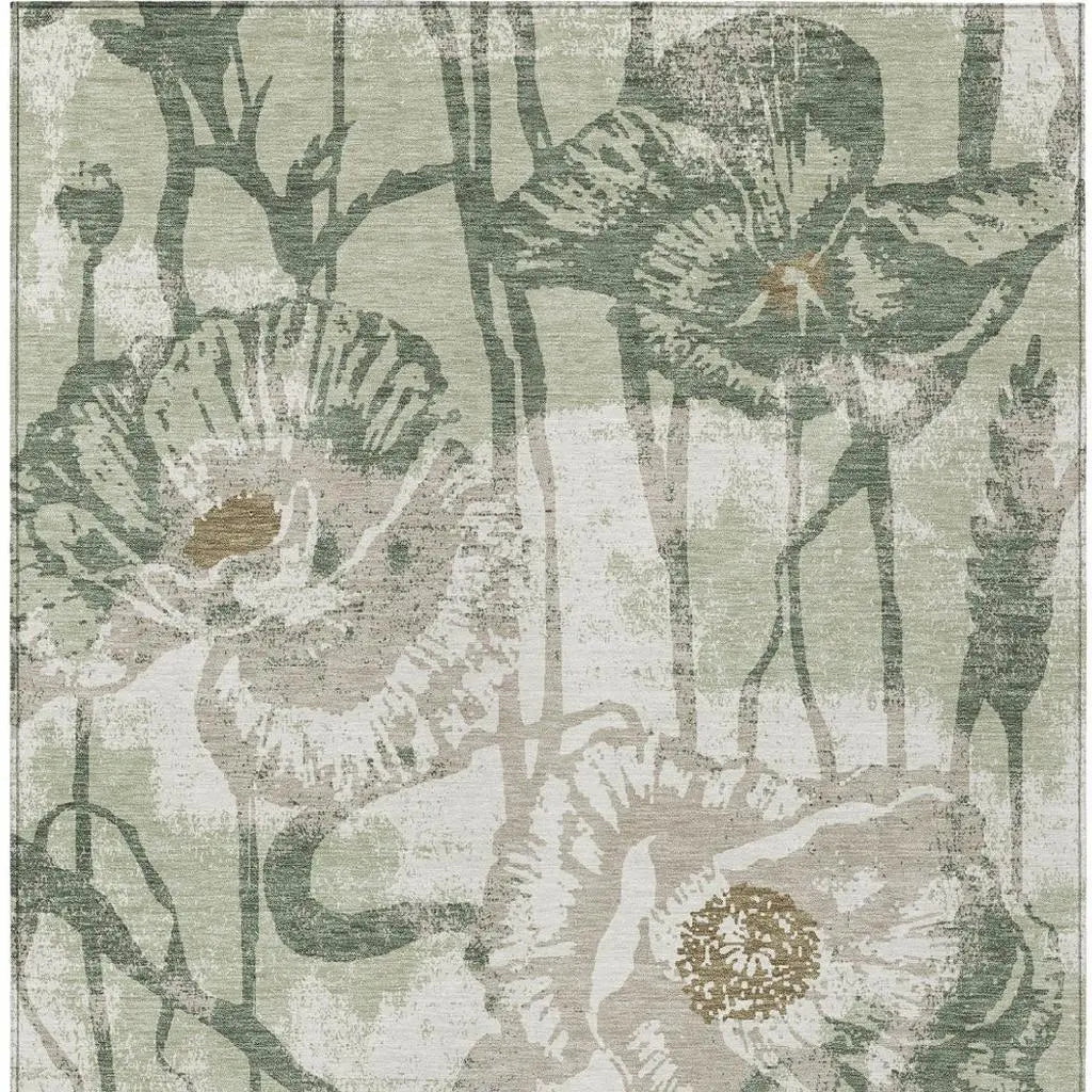 8' X 10' Green And Ivory Floral Washable Indoor Outdoor Area Rug Homeroots Outdoor