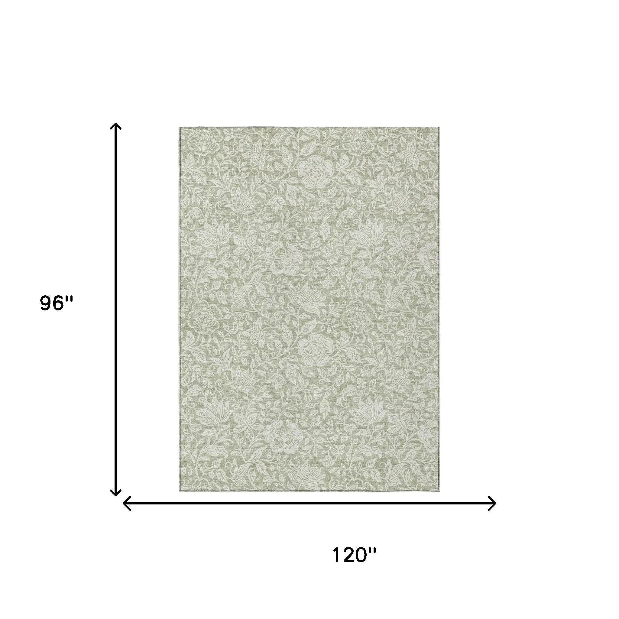 8' X 10' Green And Ivory Floral Washable Indoor Outdoor Area Rug Homeroots Outdoor