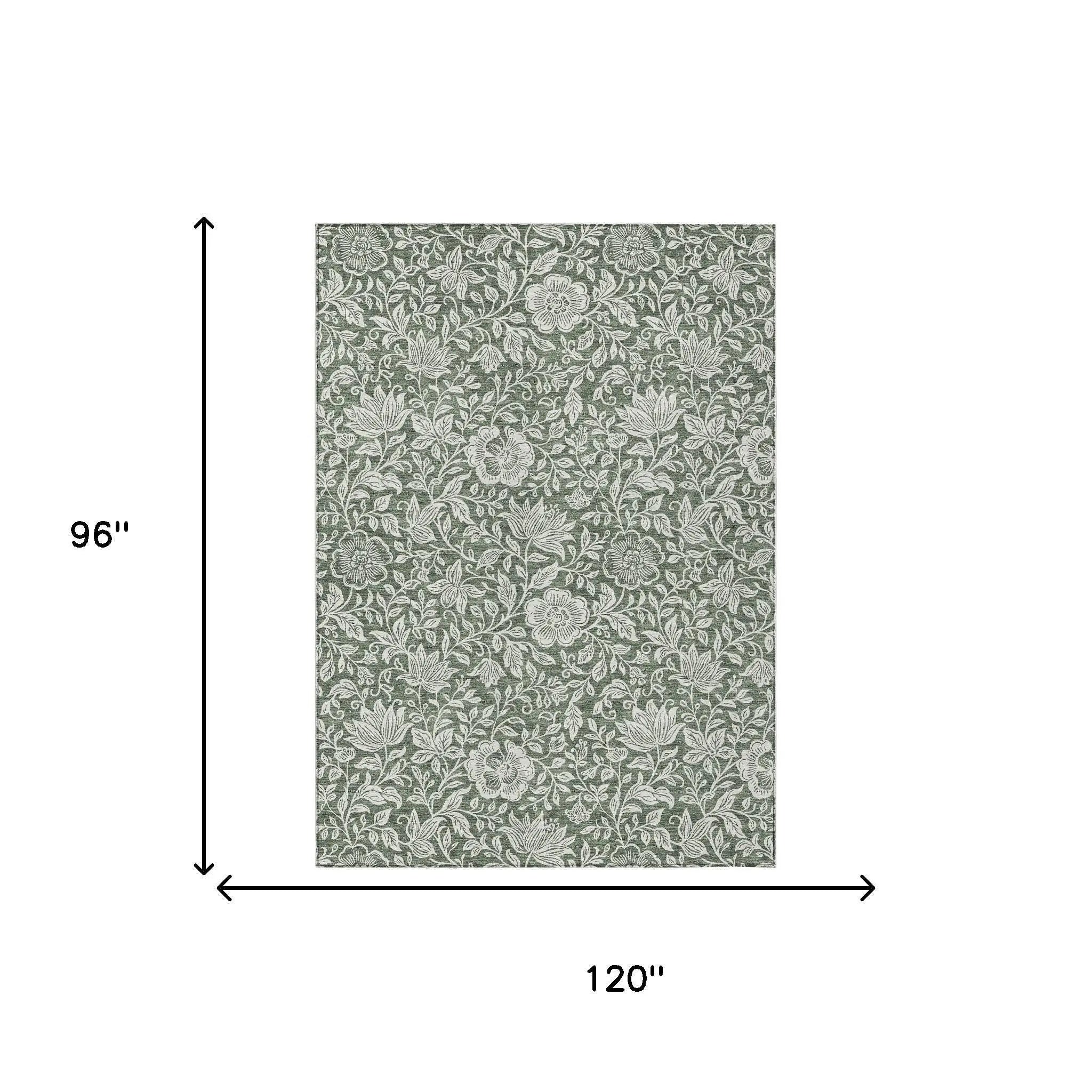 8' X 10' Green And Ivory Floral Washable Indoor Outdoor Area Rug Homeroots Outdoor