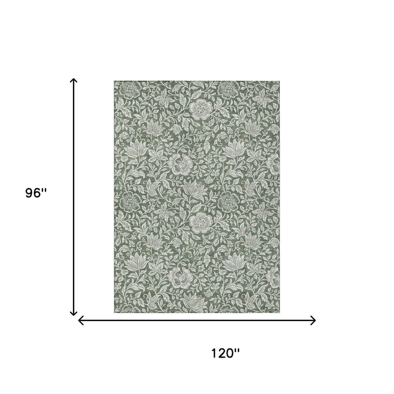 8' X 10' Green And Ivory Floral Washable Indoor Outdoor Area Rug Homeroots Outdoor