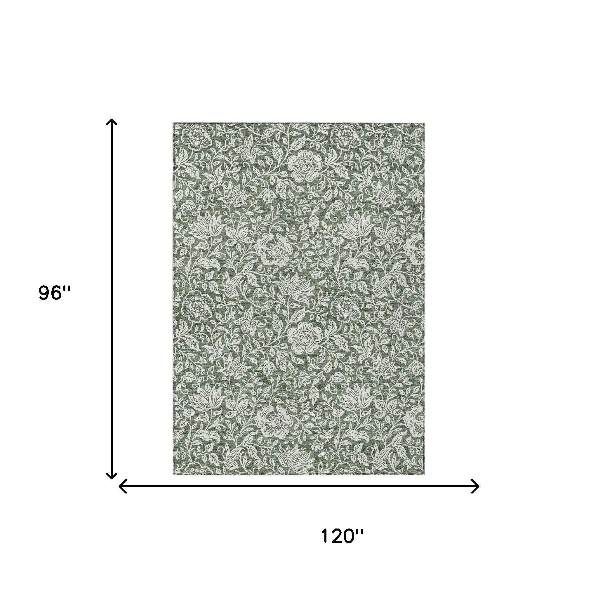8' X 10' Green And Ivory Floral Washable Indoor Outdoor Area Rug Homeroots Outdoor