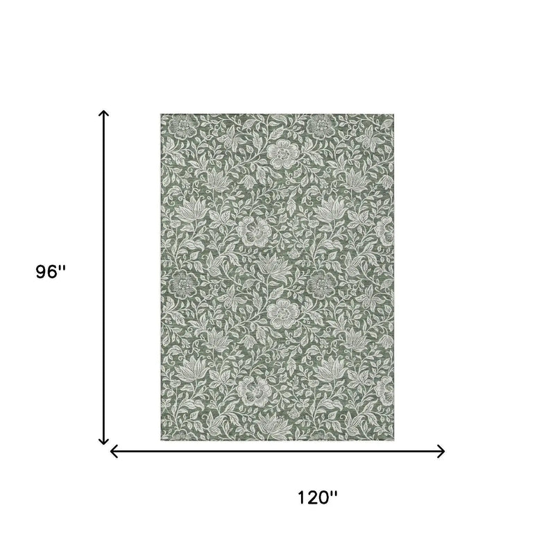 8' X 10' Green And Ivory Floral Washable Indoor Outdoor Area Rug Homeroots Outdoor