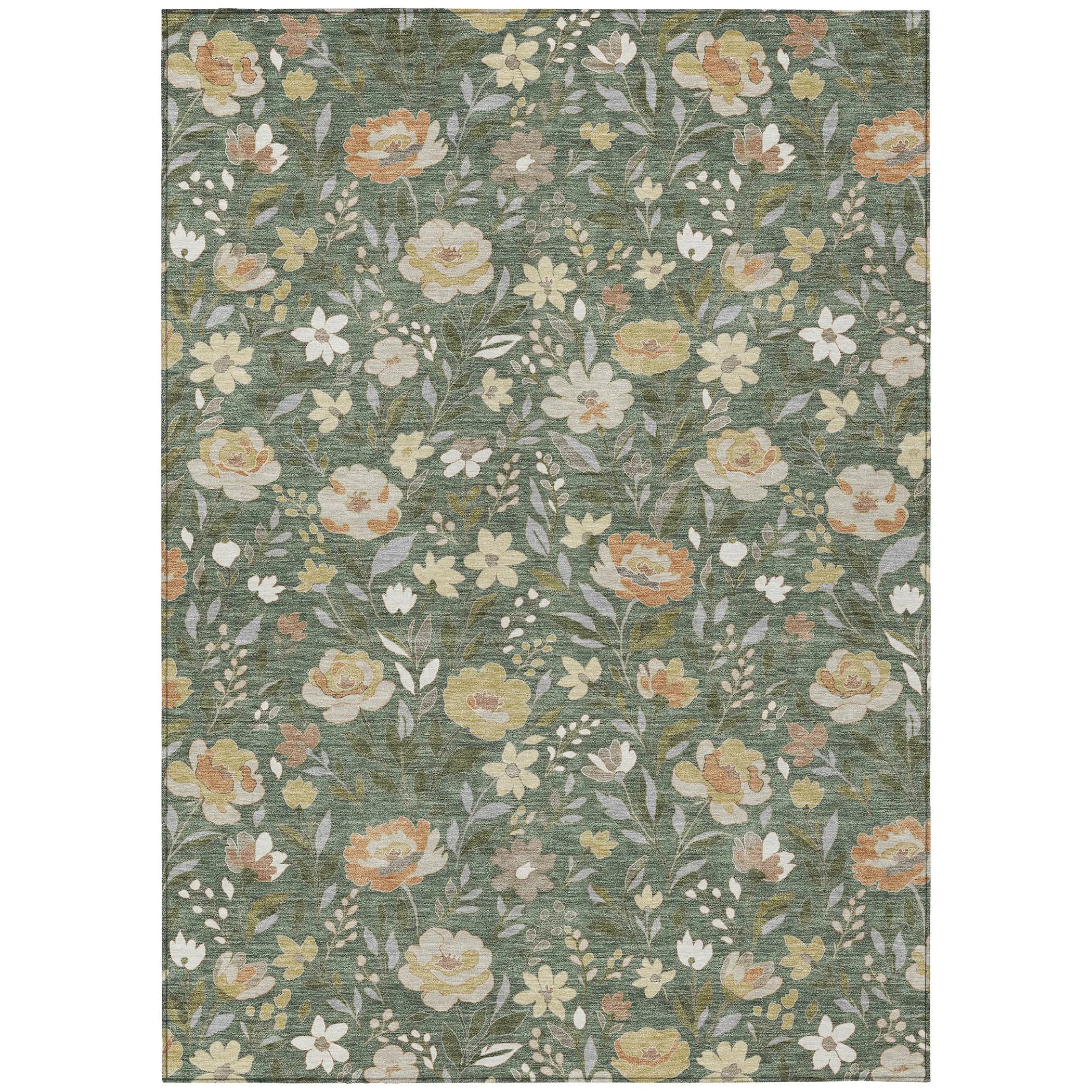 8' X 10' Green And Ivory Floral Washable Indoor Outdoor Area Rug Homeroots Outdoor