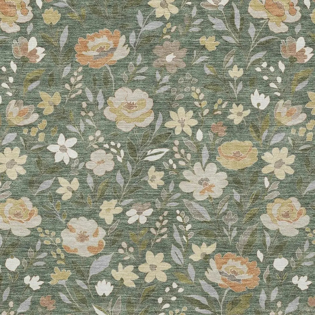 8' X 10' Green And Ivory Floral Washable Indoor Outdoor Area Rug Homeroots Outdoor