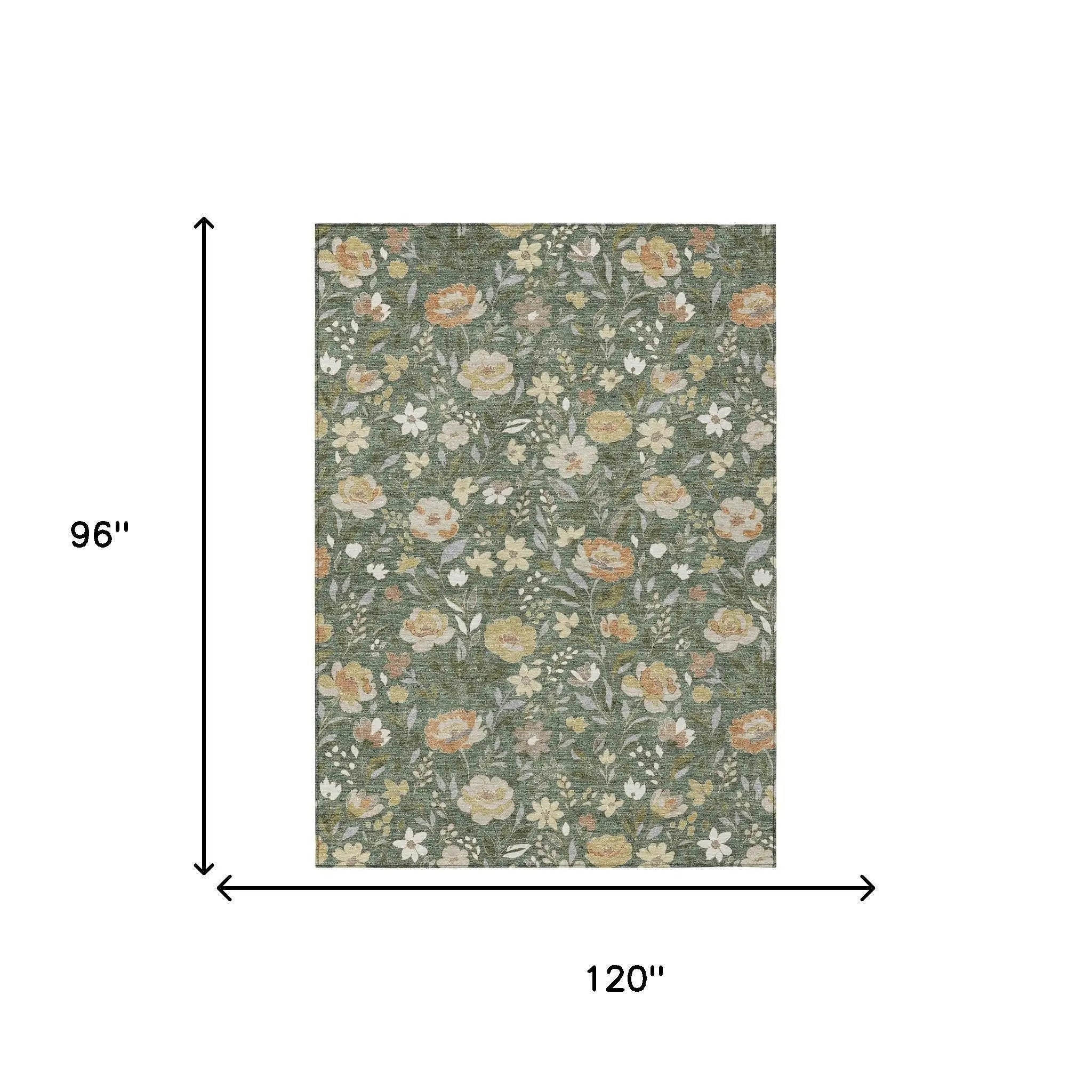 8' X 10' Green And Ivory Floral Washable Indoor Outdoor Area Rug Homeroots Outdoor